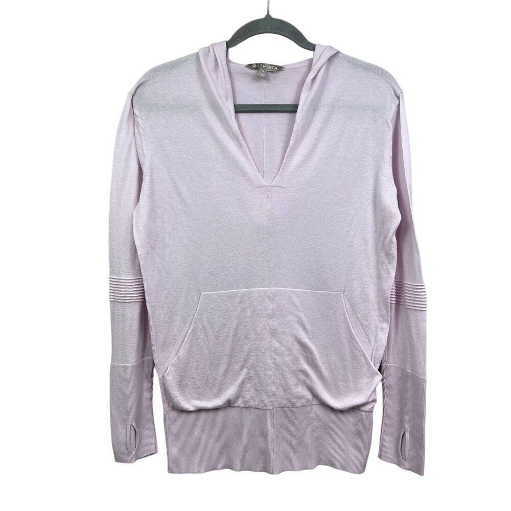 Athleta Womens Enlighten Hooded Sweater Silk Blend V Neck Pockets Pink Size M*